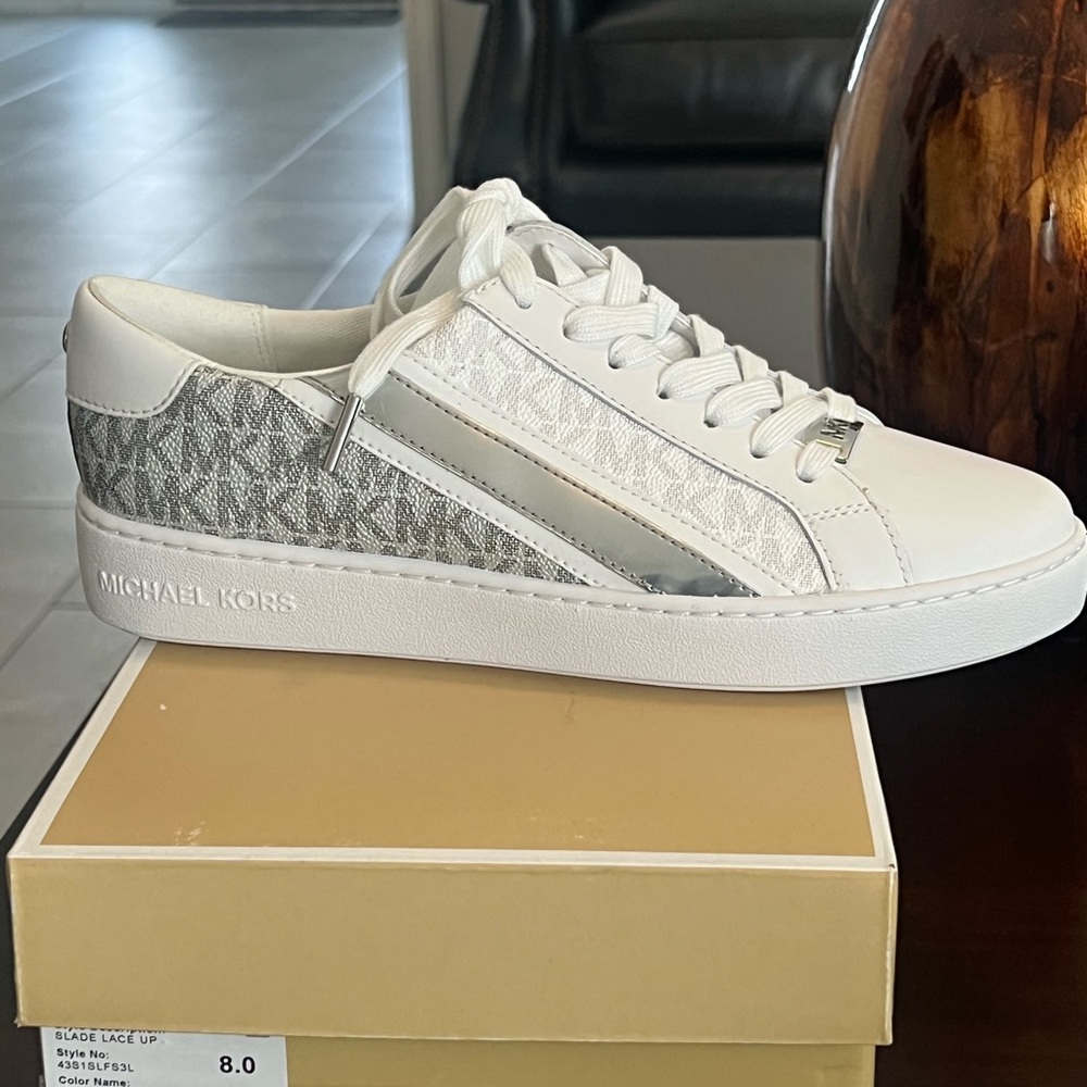 Michael Kors White and Silver Slade Lace-Up Sneakers